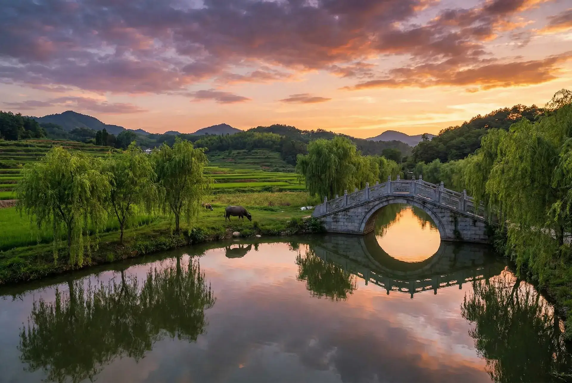夕阳下的石拱桥与垂柳，水牛在河边吃草 - 免费看大片的播放器 乡村美景